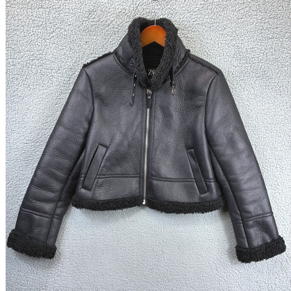Zara Faux Shearling Moto Jacket Womens M Black Biker Sherpa Lined Aviator Coat
